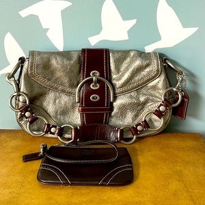 Silver and brown leather coach bag + wristlet